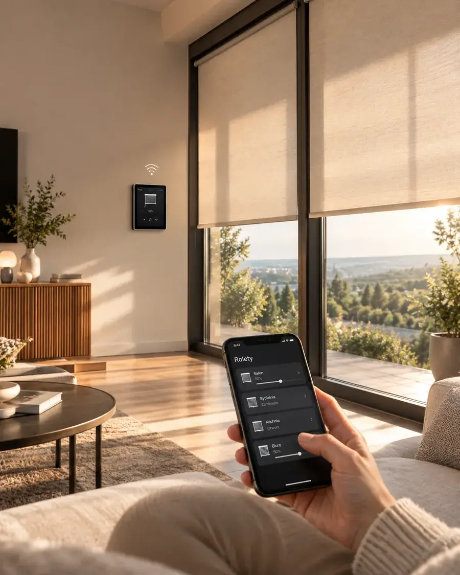 Sterowanie roletami z aplikacji w salonie — smart home YOODA